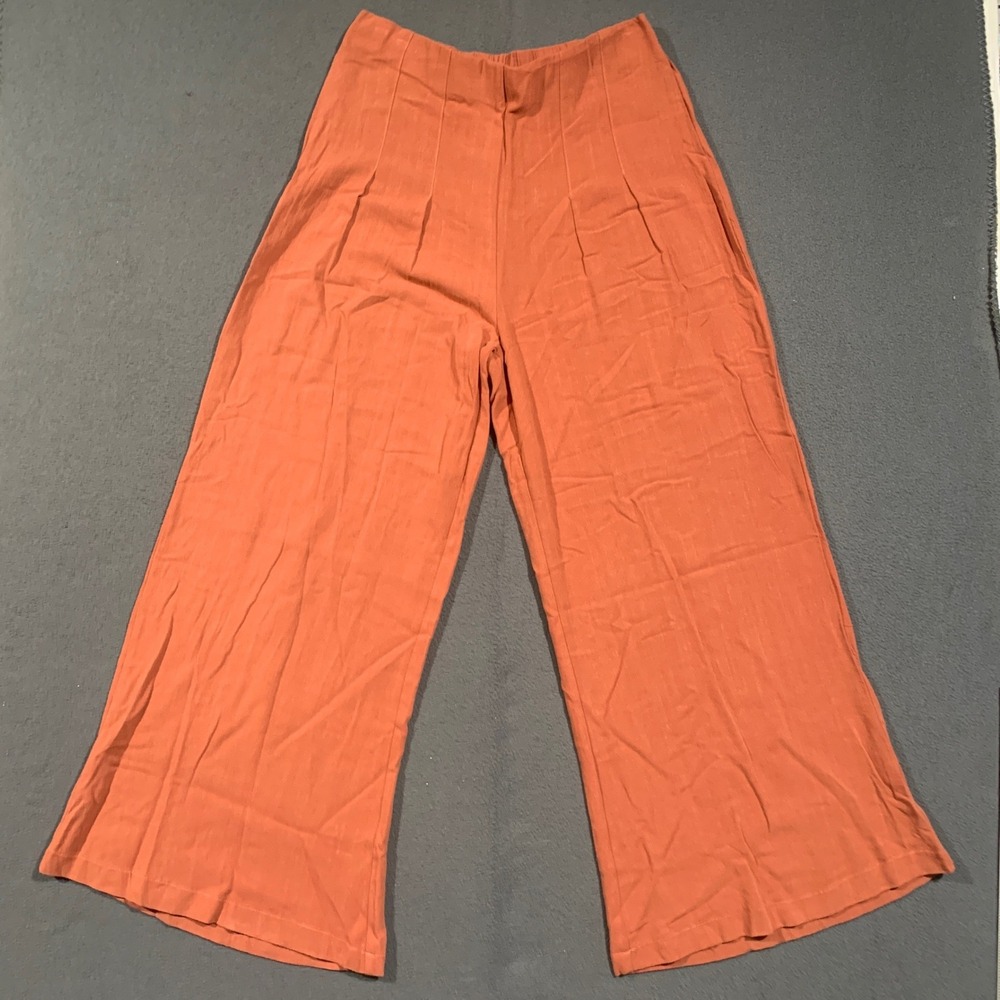 Umgee Wide Leg Pants Womens Size M Rust Orange Linen Cotton Pleated K6620 Boho